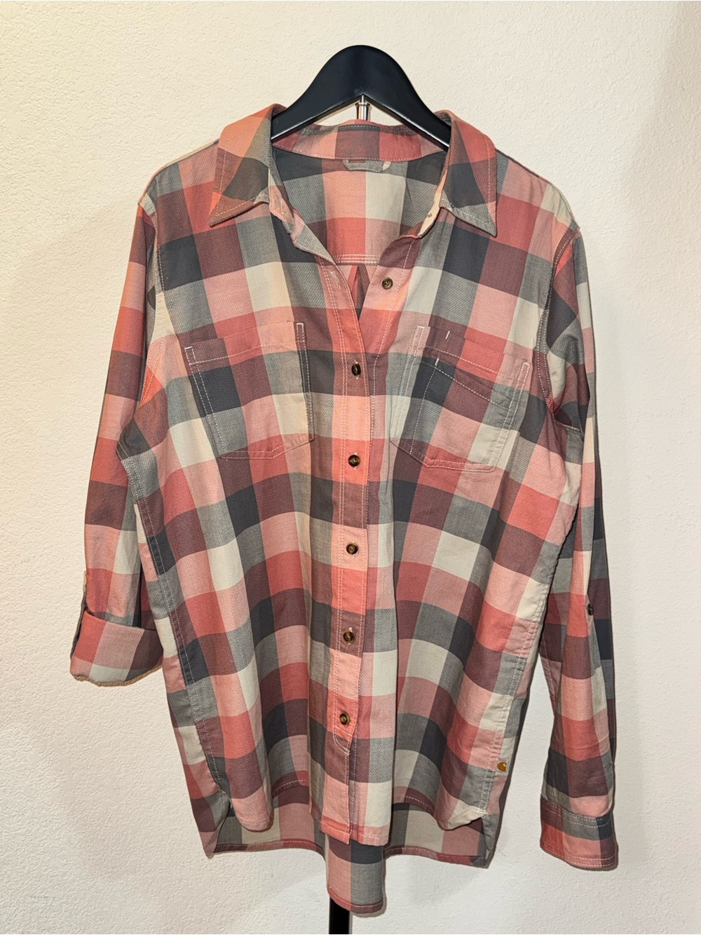 Carhartt Women’s Coral and Gray Plaid Button-Down Shirt